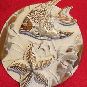 Vintage Brass Starfish & Fish Brooch 3" x 2.5" (42J)